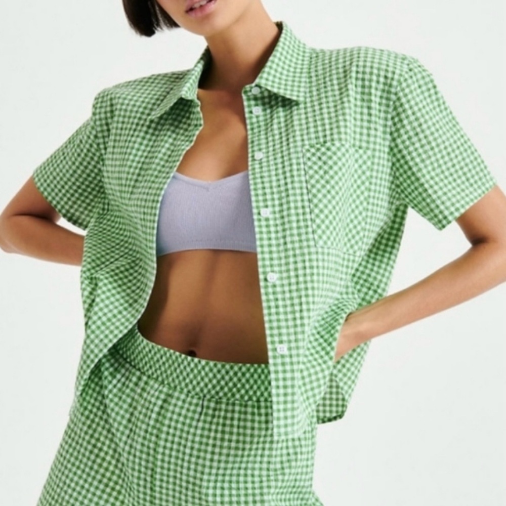 Aritzia Sunday Best Green Gingham Short Sleeve Button Up Size XS